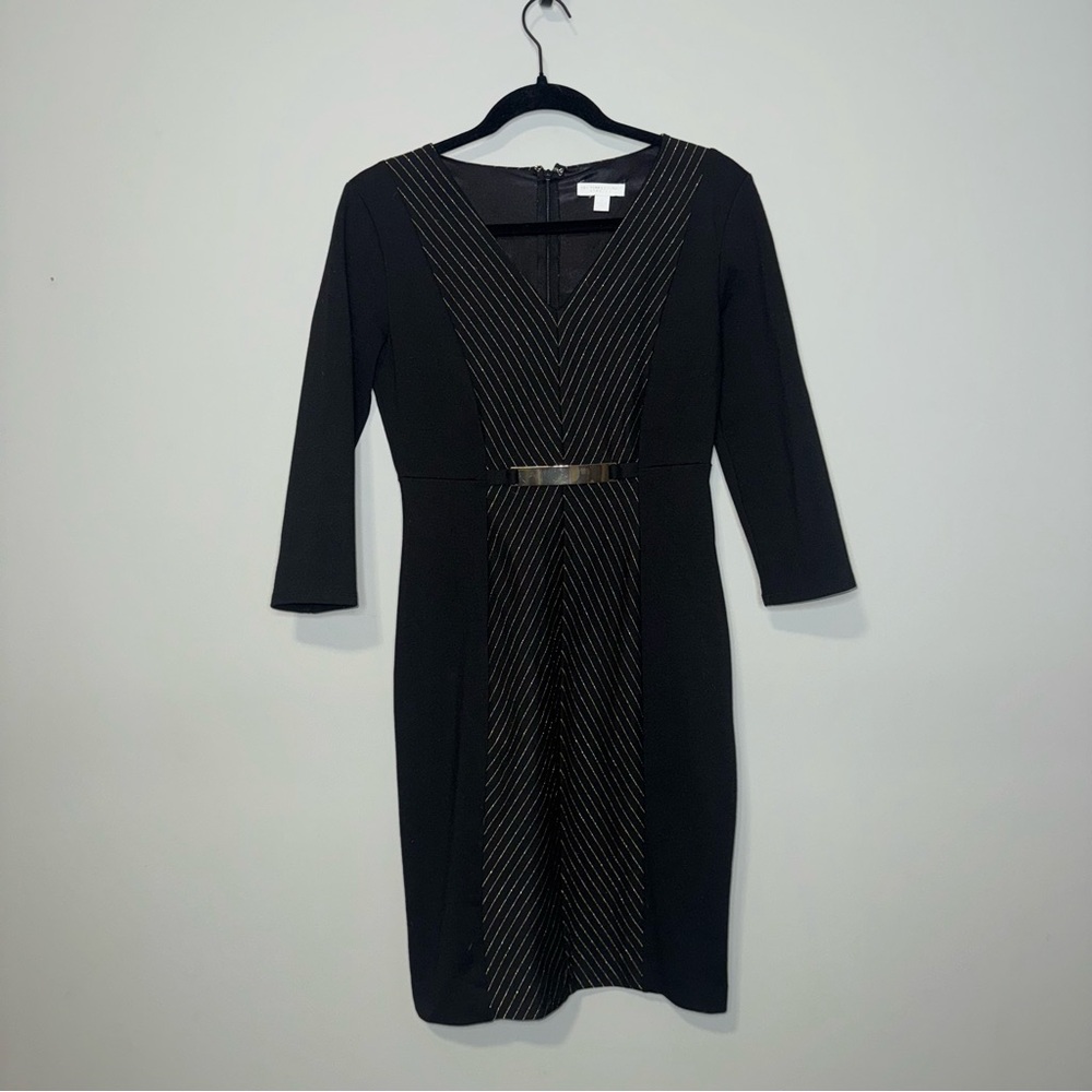 New York & Company Black Chevron Pinstripe Sheath Dress Gold Bar Accent Size L